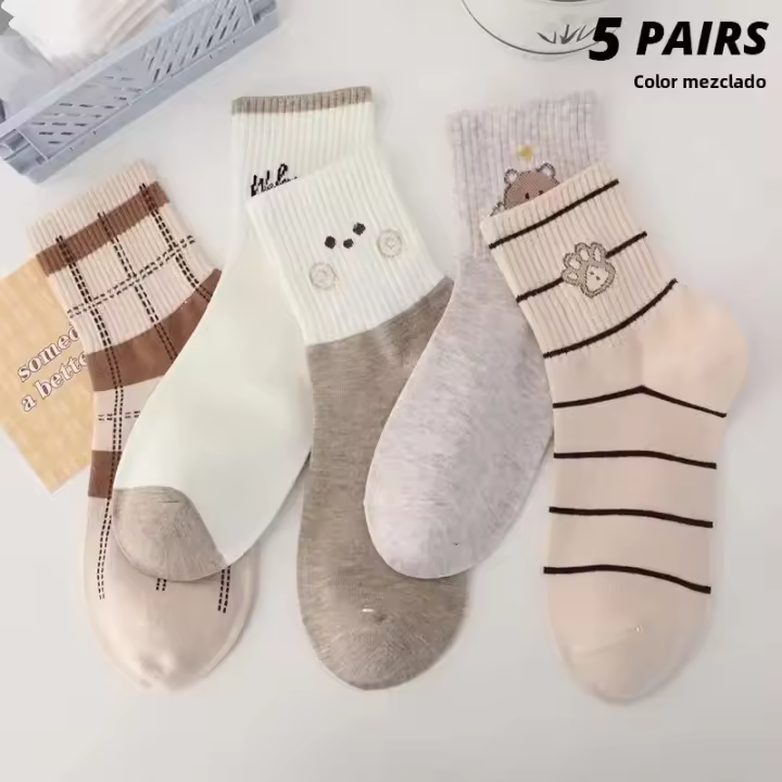 5 Pares De Calcetines De Media Tubo Para Mujer Transpirables Y Cómodas Absorbentes De Sudor Para Otoño E Invierno Deporte - 1