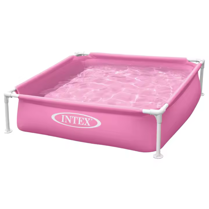 Piscina desmontable pequeña INTEX color rosa, medidas 122x122x30cm, forma cuadrada, incluye tapón para desagüe y parche de reparación, capacidad de 342L - 1