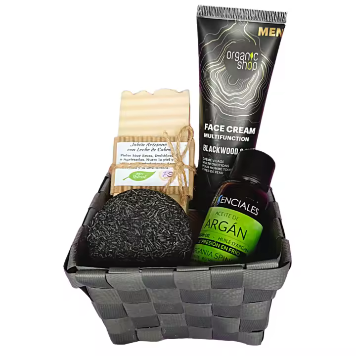 Cesta Regalo Cosmética Facial Natural Hombre. Crema Facial, Jabón Artesano de Aceite de Oliva, Champú Sólido 3 en 1, Aceite puro de Argán. PumarShop Cinnia Natura. - 1