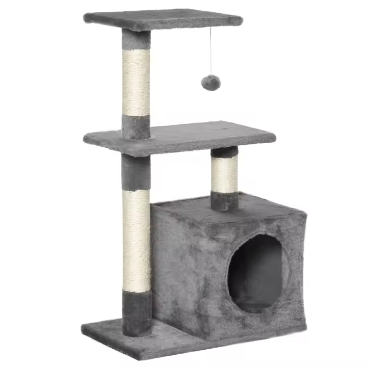 PawHut Árbol Rascador para Gatos Centro de Múltiples Actividades de Mascotas con Postes Sisal Plataformas Caja Bola Colgante Estilo Elegante 50x30x81,5 cm - 1