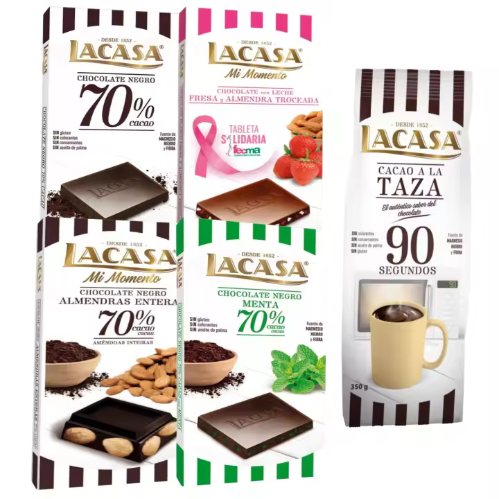Lacasa pack de 5 tabletas de chocolate de diferentes sabores:taza 350g, leche fresa y almendra,negro , menta , almendra 200g - 1
