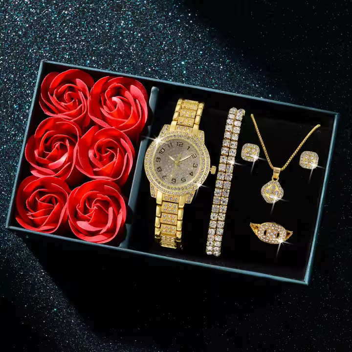 Set De Moda Para Mujer 6 Piezas Reloj Pulsera Con Collar Y Aretes Joyería De Lujo Con Diamantes Regalo De San Valentín - 1