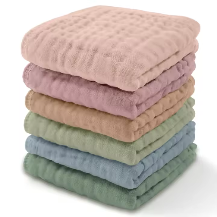 Toalla de muselina de seis capas para bebés recién nacidos, toalla cuadrada para regurgitar leche, toalla para lavarse la cara de color sólido y agradable para la piel. - 1