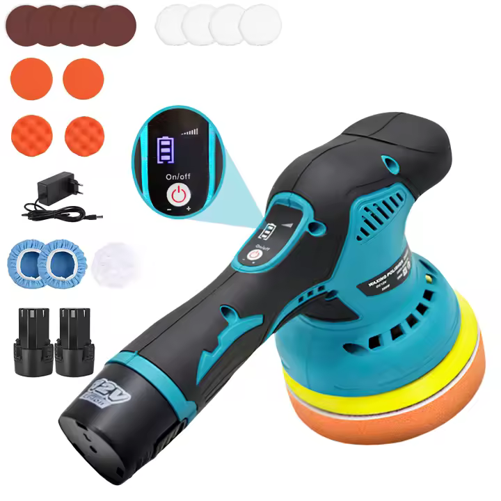 Maquina Pulidora 12V, Maquina Pulidora Coche Set 16 Piezas, Maquina Pulidora 12 mm, Pulidora Excentrica para Coche, 8 Velocidades Variables, con 2 Baterias 1300mah, para Cuidado Coche, Pulido, Encerado, Rayado - 1