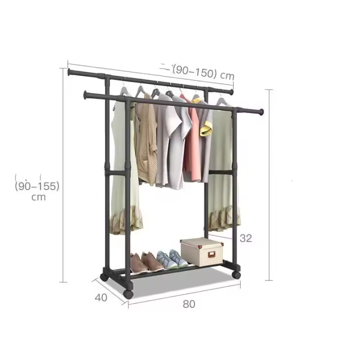 Perchero de moda Simple, soporte de suspensión de ropa reforzada, elevación telescópica, móvil, muebles para el hogar, Perchero de moda Simple, ajustable doble varilla con rueda bolso, bufanda, gorra sombrero - 1