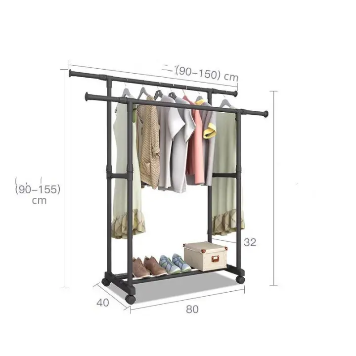 Perchero de moda Simple, soporte de suspensión de ropa reforzada, elevación telescópica, móvil, muebles para el hogar, Perchero de moda Simple, ajustable doble varilla con rueda bolso, bufanda, gorra sombrero - 1