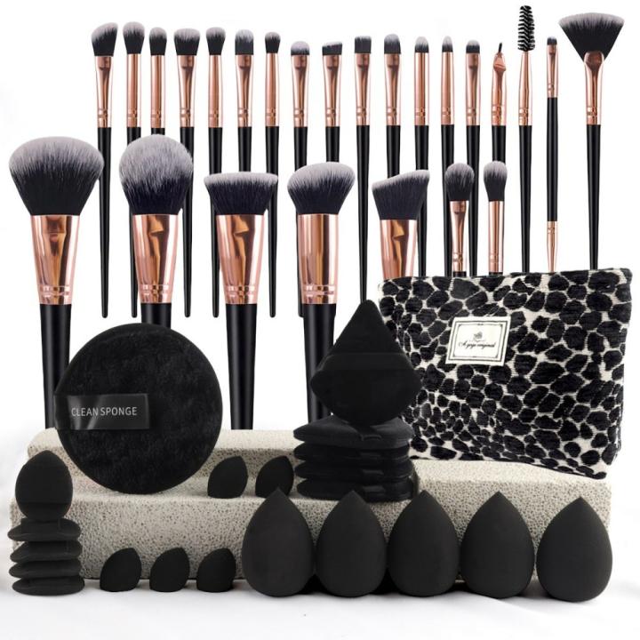 TK Estuche de maquillaje combinado de 47 piezas con herramientas, incluye neceser, juego de brochas de maquillaje, bolsa de aseo, bolsa de viaje, borlas y accesorios de maquillaje (Estampado de leopardo negro, 47 piezas).