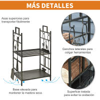 Outsunny Soporte para Leña de Metal de 2 Niveles Estante para Leña con 4 Herramientas y Asas para Chimenea para Interior y Exterior 51,5x33x77 cm Negro Dorado - details 3