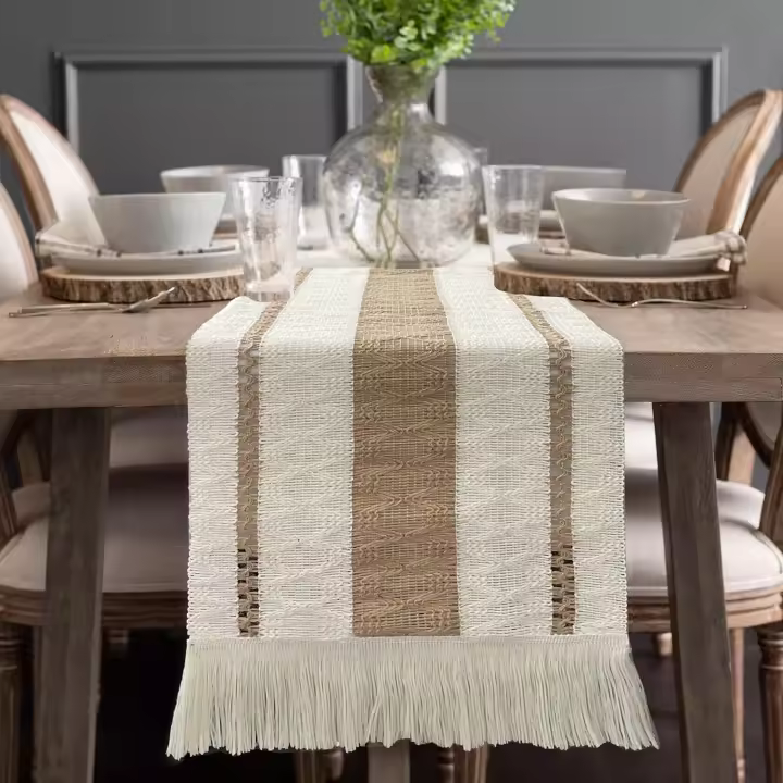 Camino de mesa de macramé, camino de mesa beige crema con borlas, caminos de mesa de unión de algodón y arpillera para bohemio, decoración - 1