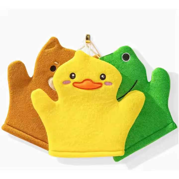Guante de baño para bebé, marioneta de mano para niños pequeños, esponja de baño y toallita para bebés, para niños y adultos (lindo pato, rana y oso) - 1
