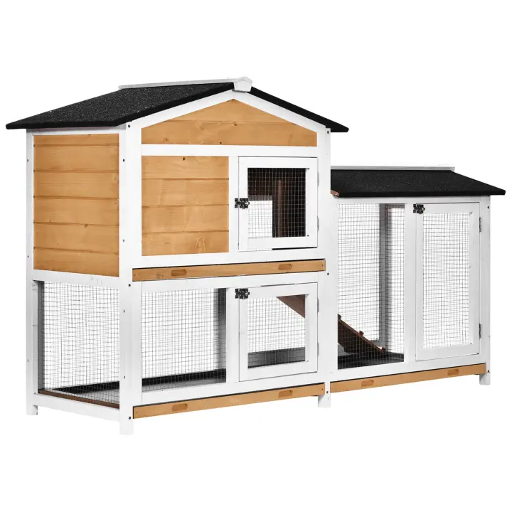 PawHut Conejera de Madera Exterior Jaula para Conejos de 2 Niveles con Techo Asfáltico 2 Corrales de Metal Bandeja Extraíble 2 Puertas y Rampa 157,4x53x93,5 cm Natural - 1