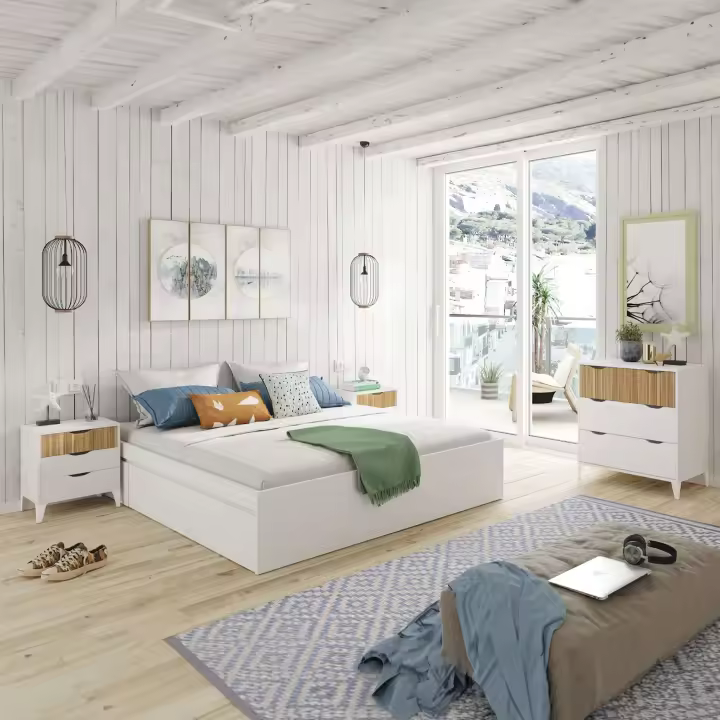 Pack Muebles Dormitorio Matrimonio Completo Estilo Nórdico Color Roble Natur y Blanco Mate - 1