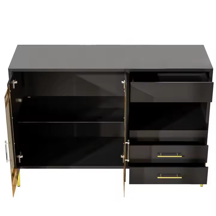 Aparador Ligero, lujoso y Moderno, elegant Puerta de Vidrio Turquesa, ASA de acrílico de Cristal para Restaurante y Sala de estar, patines de Hierro Dorado galvanizado, Cuerpo Negro - 1
