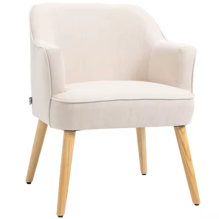 HOMCOM Sillón Nórdico Moderno Butaca de Salón Tapizada en Lino con Patas de Madera para Dormitorio Oficina Estudio Carga 120 kg 64,5x65x79,5 cm Crema - 1