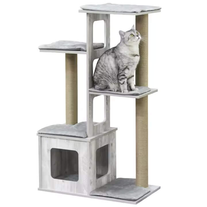 PawHut Árbol Rascador para Gatos 67x38,5x114 cm Torre de Escalada de Gatos con Cueva de Madera Múltiples Plataformas y Postes de Rascar de Yute Juego y Descanso Gris - 1