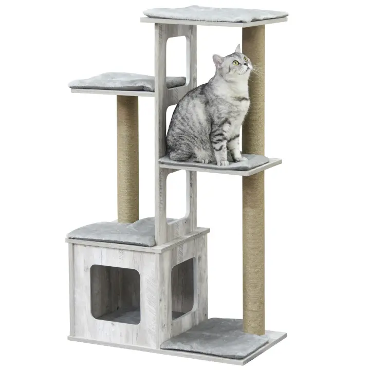 PawHut Árbol Rascador para Gatos 67x38,5x114 cm Torre de Escalada de Gatos con Cueva de Madera Múltiples Plataformas y Postes de Rascar de Yute Juego y Descanso Gris - 1