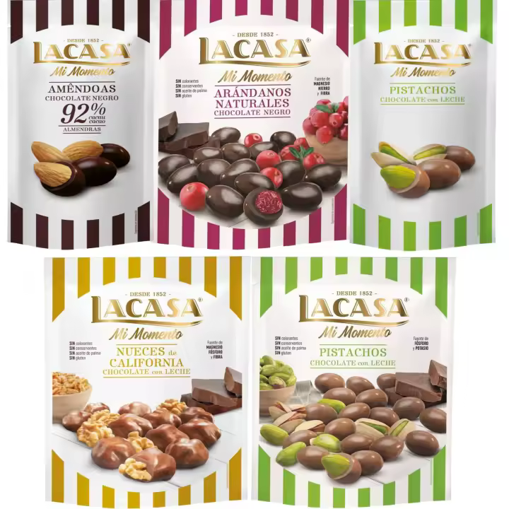 Lacasa Mi Momento pack de 5:Pistacho Chocolate Leche ,Almendra 92% ,Arándano Chocolate Negro ,Nueces Chocolate Leche,Pistacho Chocolate Leche - 1