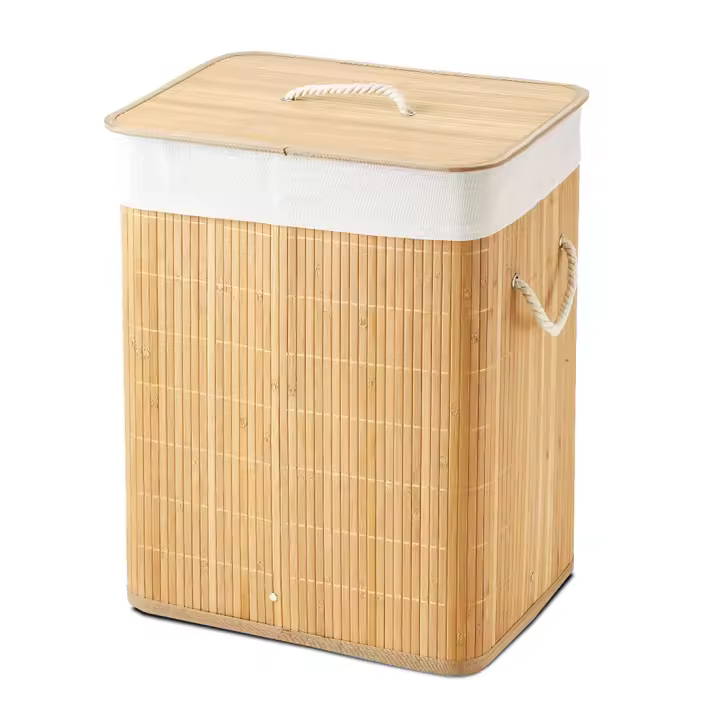 Acomoda Textil – Cesta de Bambú Plegable con Tapa y Asas para Lavandería 60l de Capacidad. Cesto Grande Organizador para la Ropa con Bolsa Extraíble y Lavable Color Madera 40x30x50 cm. - 1