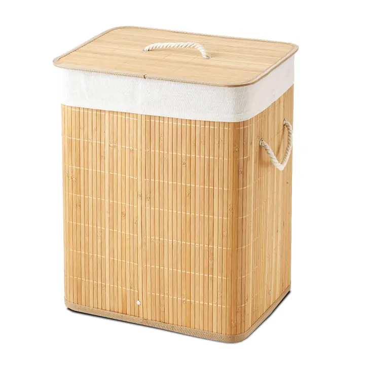 Acomoda Textil – Cesta de Bambú Plegable con Tapa y Asas para Lavandería 60l de Capacidad. Cesto Grande Organizador para la Ropa con Bolsa Extraíble y Lavable Color Madera 40x30x50 cm. - 1