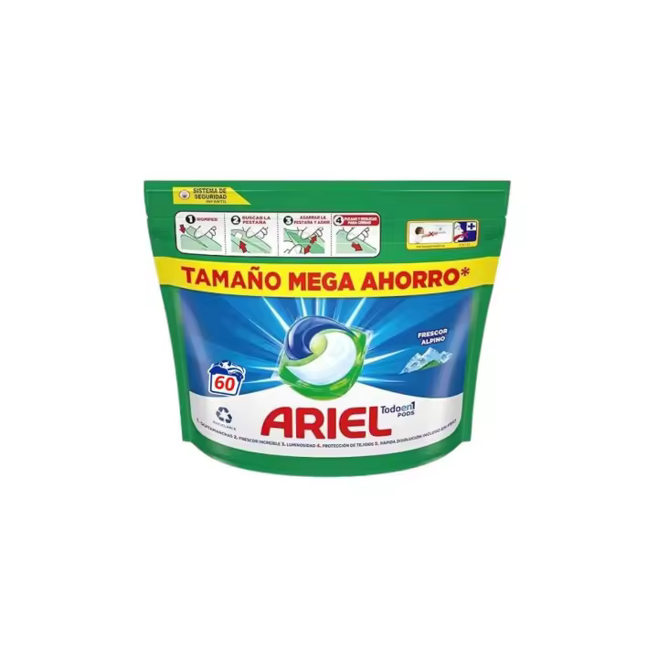 ARIEL PODS Todo en 1 Detergente Lavadora Liquido en Capsulas/Pastillas,  60 LAVADOS, Jabon Limpieza y Frescor Alpinos, 5 Acciones para una Limpieza Brillante en Frio - 1