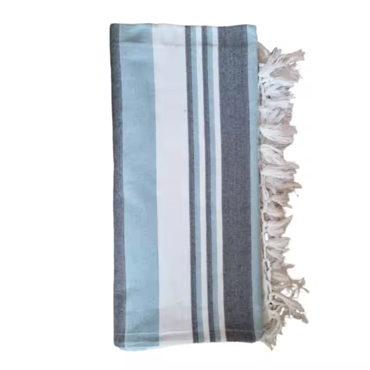 Toalla de playa, Pareo, XXL, 210 x 240 cm, 60% Algodón, 40% Viscosa, Rayas, Color Azul Celeste, Blanco y Gris. Kiglam - 1