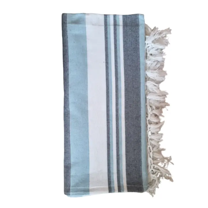 Toalla de playa, Pareo, XXL, 210 x 240 cm, 60% Algodón, 40% Viscosa, Rayas, Color Azul Celeste, Blanco y Gris. Kiglam - 1