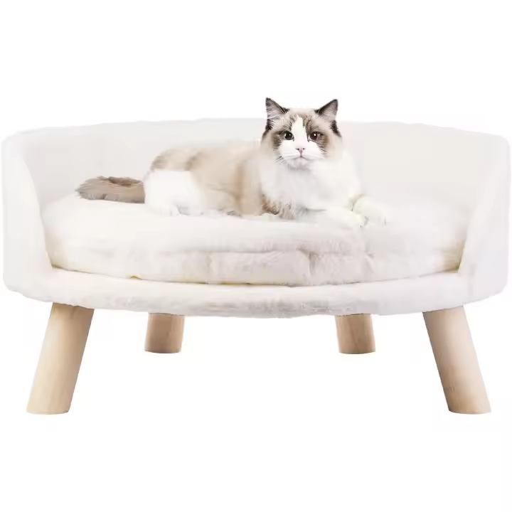 Sillón cama para gatos con tapete impermeable extraíble - Sofá elevado de felpa para perros y gatitos con patas de madera (35 cm de diámetro) - 1