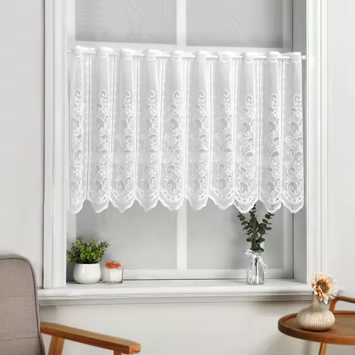 1pc Cortina Corta De Encaje Con Patrón Floral Estilo Lindo Blanca Para Decoración De Habitación Ventana Puerta Con Bolso De Rodillo - 1
