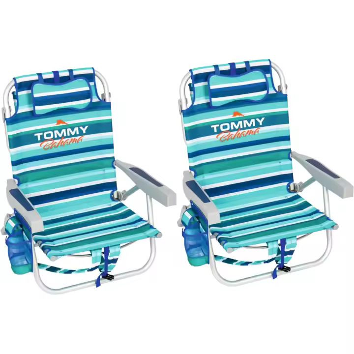 TECNOVOZ Pack 2 Sillas Playa Plegable con Asas Tipo Mochila Tommy Bahamas Rayas verdes Modelo 2025 - 1