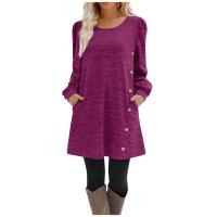 Vestido Casual Para Mujer De Color Sólido Con Botones Manga Larga Cuello Redondo A-Line Largo Hasta La Rodilla Fashion - details 5