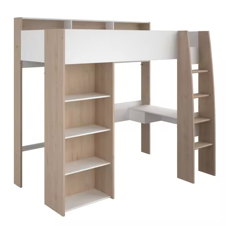 Cama Alta Modelo Elara con Escritorio en Blanco Mate y Roble Jackson 204x193x132 cm - 1