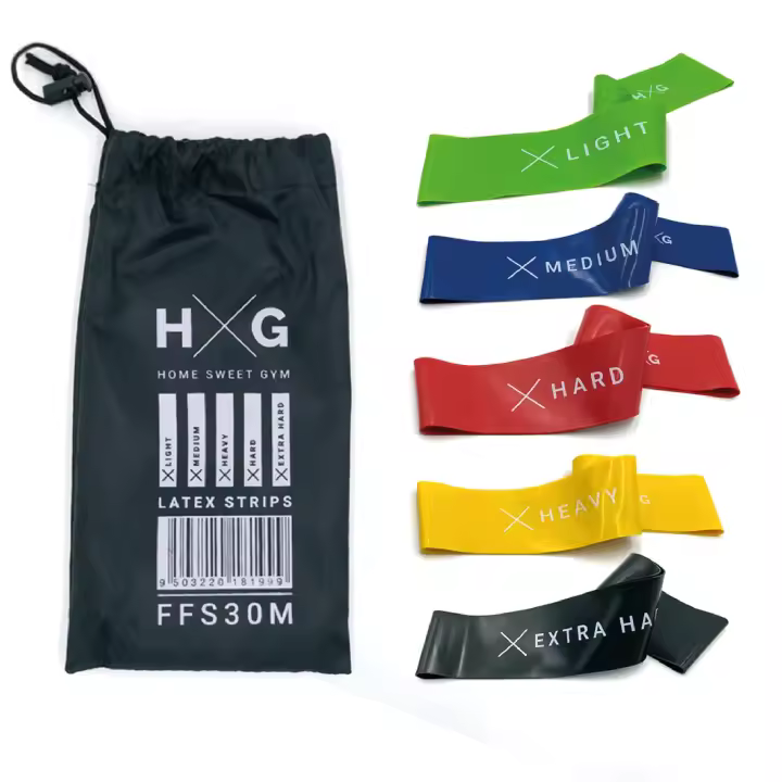 HxG Kit 5 Bandas Elásticas Fitness – Cintas de Resistencia en Látex con 5 Niveles, para Glúteos, Piernas y Brazos + Bolsa Transporte - 1