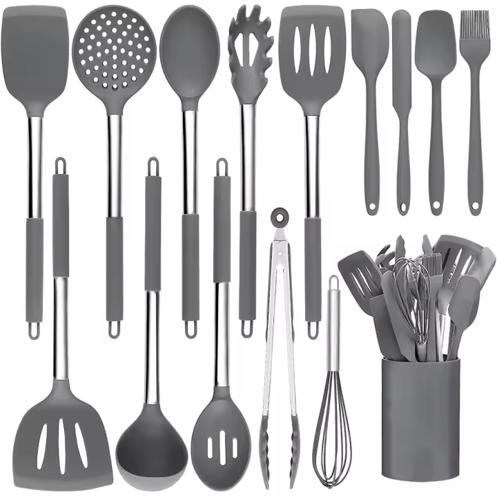 Juego de utensilios de cocina de silicona con 15 piezas, utensilios de cocina resistentes al calor con inoxidable Maple, utensilios de cocina y hornear, juego de utensilios de cocina con espátula antiadherente (GRIs) - 1
