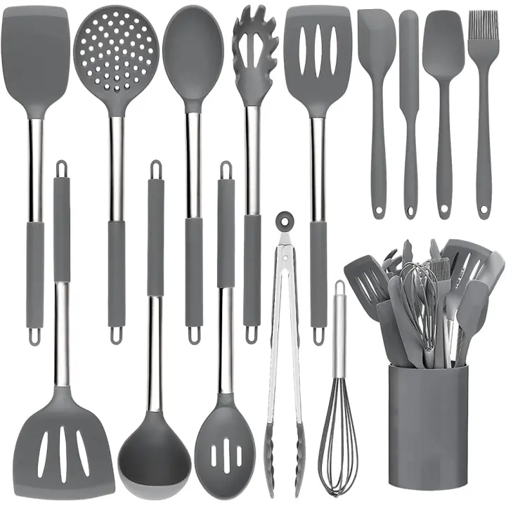 Juego de utensilios de cocina de silicona con 15 piezas, utensilios de cocina resistentes al calor con inoxidable Maple, utensilios de cocina y hornear, juego de utensilios de cocina con espátula antiadherente (GRIs) - 1