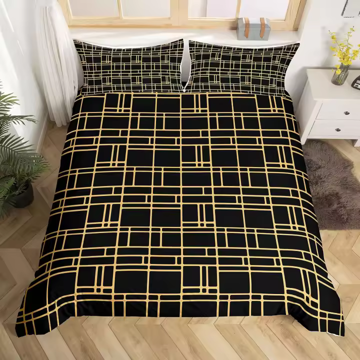 Grid Duvet Cover Set Double Sided Reversible Bedding Set Brushed Microfibre Black & Gold Lattice Comforter Cover for Boys Girls Adults Luxury Ultra Soft Microfibre (Black, Double Size) 3 Pcs - 1