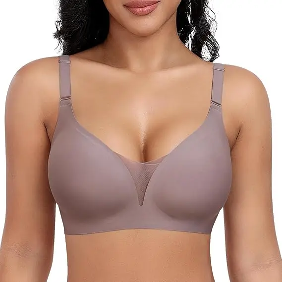 Sujetadores sin aros para mujer, con encaje, escote en V, sin aros, push up, sin costuras, cobertura total, tallas grandes, para uso diario, tallas S-XL - 1