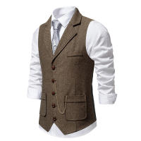 Chaleco Retro Para Hombres Con Cadena Y Bolsillos Estilo Tweed Escocés Casual Vintage Británico Adecuado Para Fiestas Y Tiempo Libre Talla US S a XXL - details 2