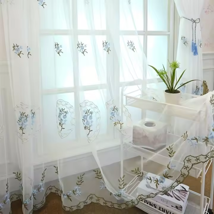 Cortinas De Voile Transparentes Bordadas Azules AnneyOneDecor Para Sala De Estar Y Dormitorio Estilo Pastoral Doble Panel - 1