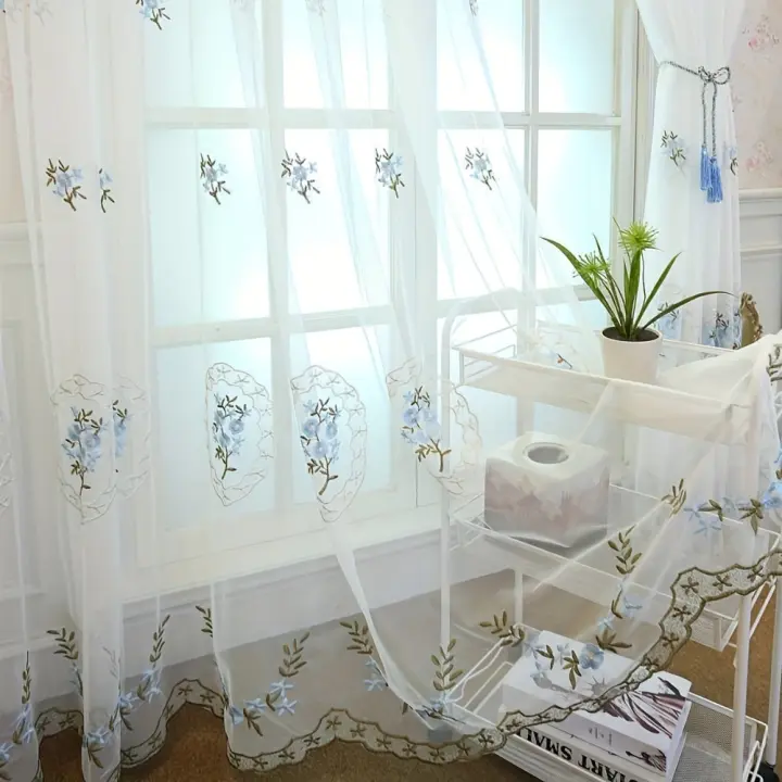 Cortinas De Voile Transparentes Bordadas Azules AnneyOneDecor Para Sala De Estar Y Dormitorio Estilo Pastoral Doble Panel - 1