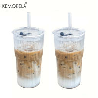 KEMORELA Tazas De Vidrio Ribbed Con Tapa Y Pajita 600ML Gran Capacidad Para Café Americano Frío Y Jugos Cerveza - details 0