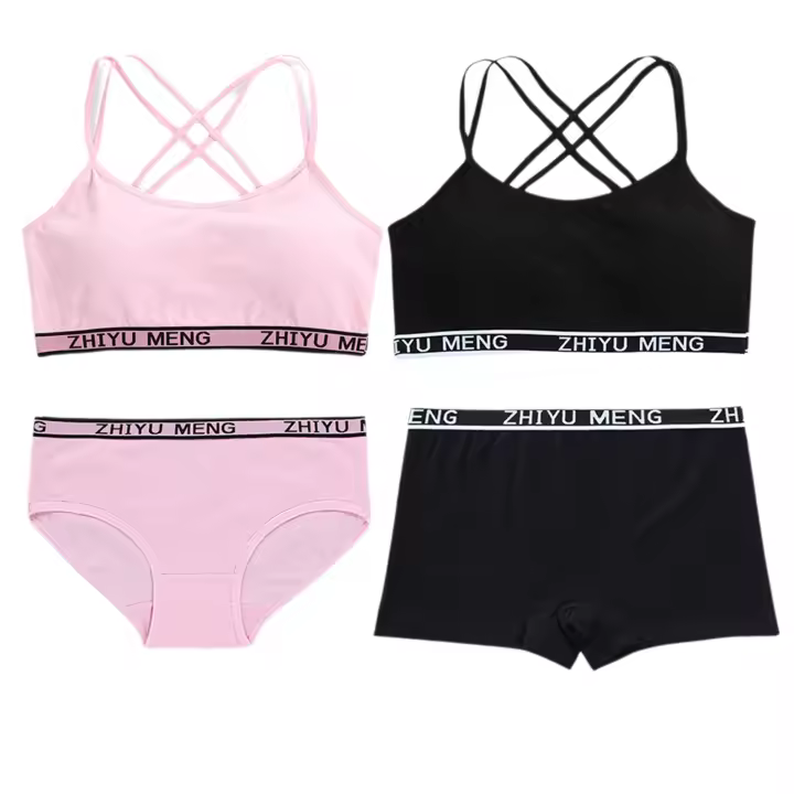 Conjunto De Ropa Interior Para Niñas Adolescentes 2 Piezas Almohadillado De Algodón Con Tirantes Cruzados Sujetador De Entrenamiento Y Bragas Estilo Deportivo Adecuado Para Edad 7-13 Años - 1
