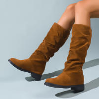 Botas De Media Caña Cómodas Para Mujer Con Punta Redonda, Slip-on, Tacón Medio, Plataforma, Upper De Tela, Suela De TPR, Diseño Clásico. - details 25