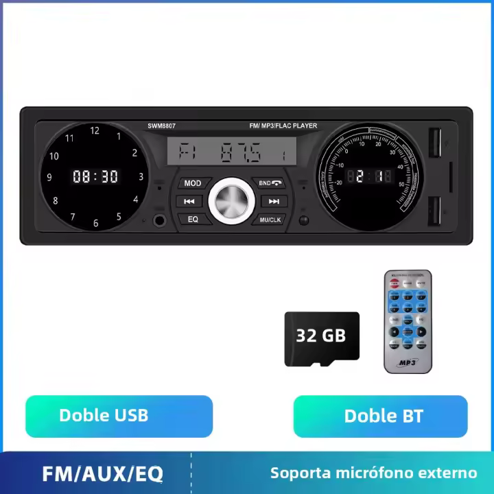 Podofo Reproductor De Radio Para Coche 1DIN Estéreo Bluetooth Control Remoto MP3 USB SD AUX-IN Metal + Plástico 12V - 1