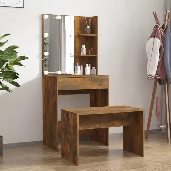vidaXL Juego de tocador con LED madera contrachapada en color Gris sonoma/Blanco brillante/Roble artisan y más - 1