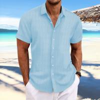 Camisa Casual De Hombre De Algodón Y Lino Con Rayas Jacquard Verano Cómoda Corta Color Sólido Moda Cierre Único Estilo Turn-down Collar - details 9