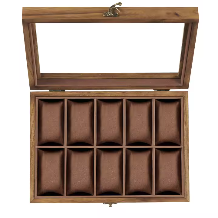 SONGMICS Caja para Relojes con 10 Compartimentos, Caja para Relojes de Madera Maciza, con Tapa de Cristal, Cojín para Relojes, Regalo para Queridos, Nogal Rústico - 1