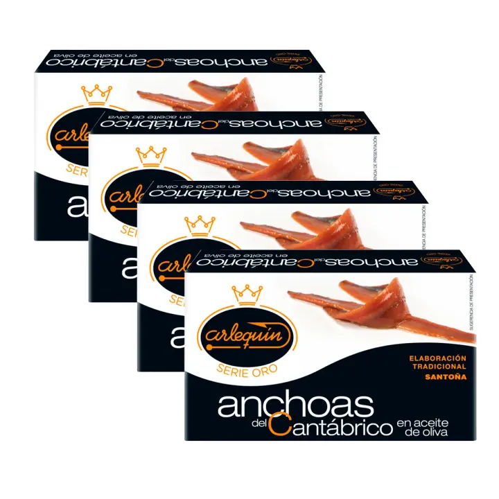 ARLEQUIN Serie Oro Anchoa del Cantábrico, Elaborada en Santoña, en Aceite de Oliva, Pack 4 latas de 90 grs (360 grs) - 1