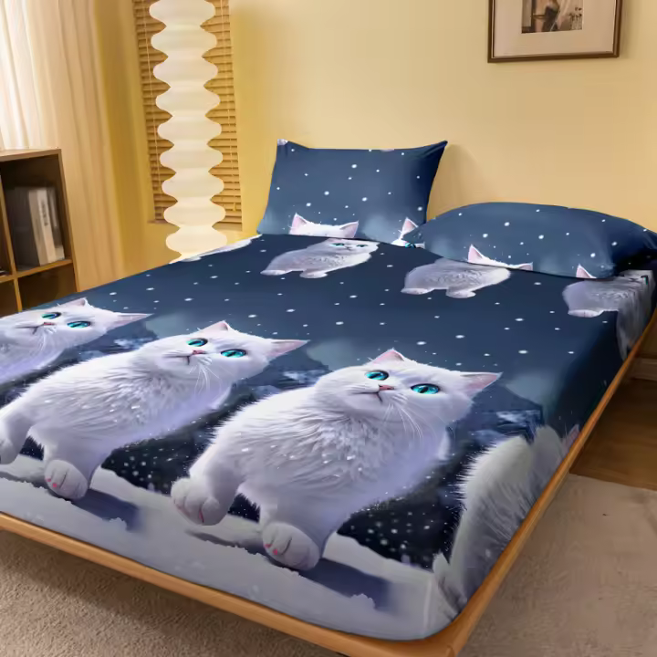 Sábana De Cama Con Patrón De Gato Blanco De Ojos Azules Mate 1 Pieza Cobija Para Dormitorio Hecha De Poliéster 100% - 1