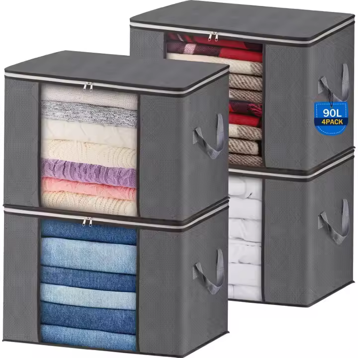 Bolsas de almacenamiento de ropa plegables (paquete de 4), caja de almacenamiento grande con cremallera y asas reforzadas, bolsas de almacenamiento no tejidas para edredones y mantas, 60 x 40 x 35 cm - 1