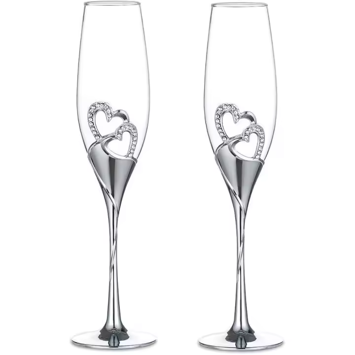 Juego de Copas de champán para Boda, Copas de flauta plateadas para Brindis, paquete de 2, with decoration of Corazones with Borde diamantes de imitación, color Plisado - 1